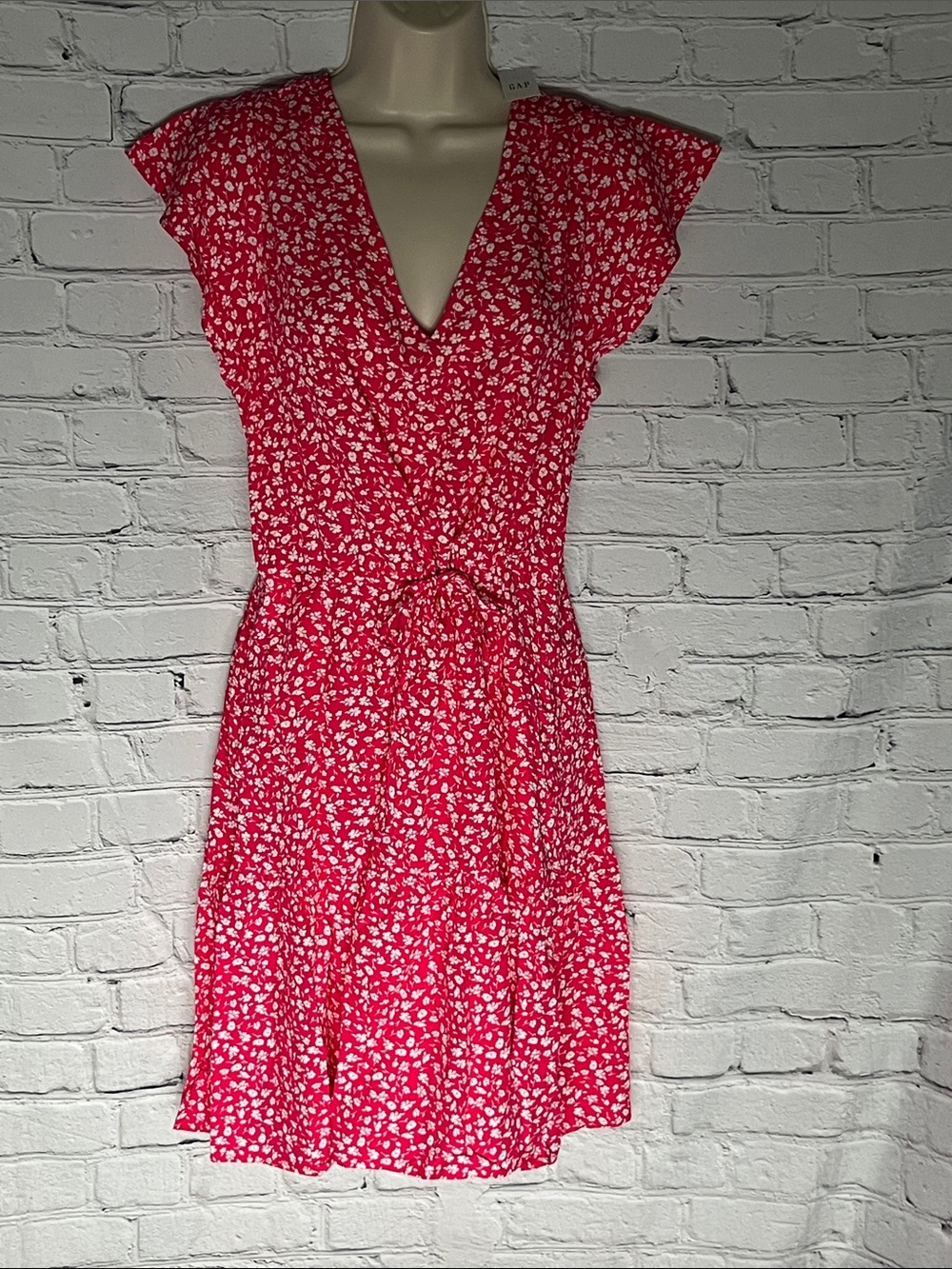 GAP Pink-Red Floral V-Neck Tie-Waist Mini Dress